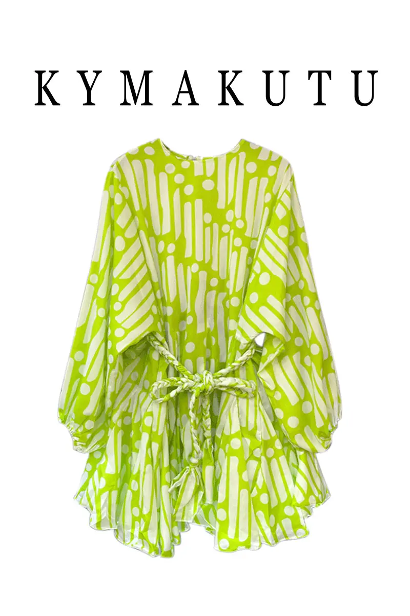 

2021 Spring Autumn New Batwing Sleeve Loose Tie A Line Fashion Ruffles O Neck Dress for Women