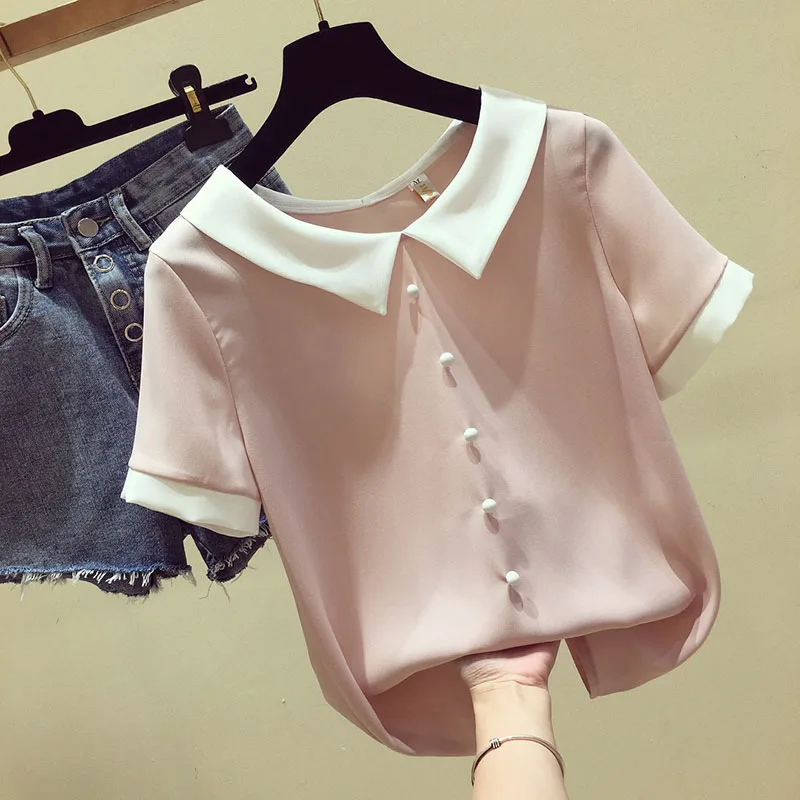 

Women Spring Summer Cute Chiffon Blouses Shirts Lady Casual Peter pan Collar Short Sleeve Beading Blusas Tops DF1797