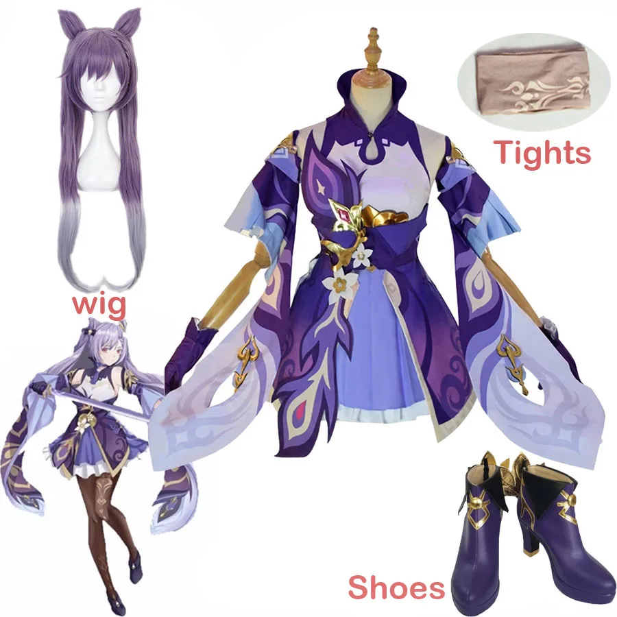 

Game Genshin Impact Keqing Cosplay Costumes Genshin Ke Qing Impact Halloween Cos Shoes Keqing Ponytails Mixed Purple Wig