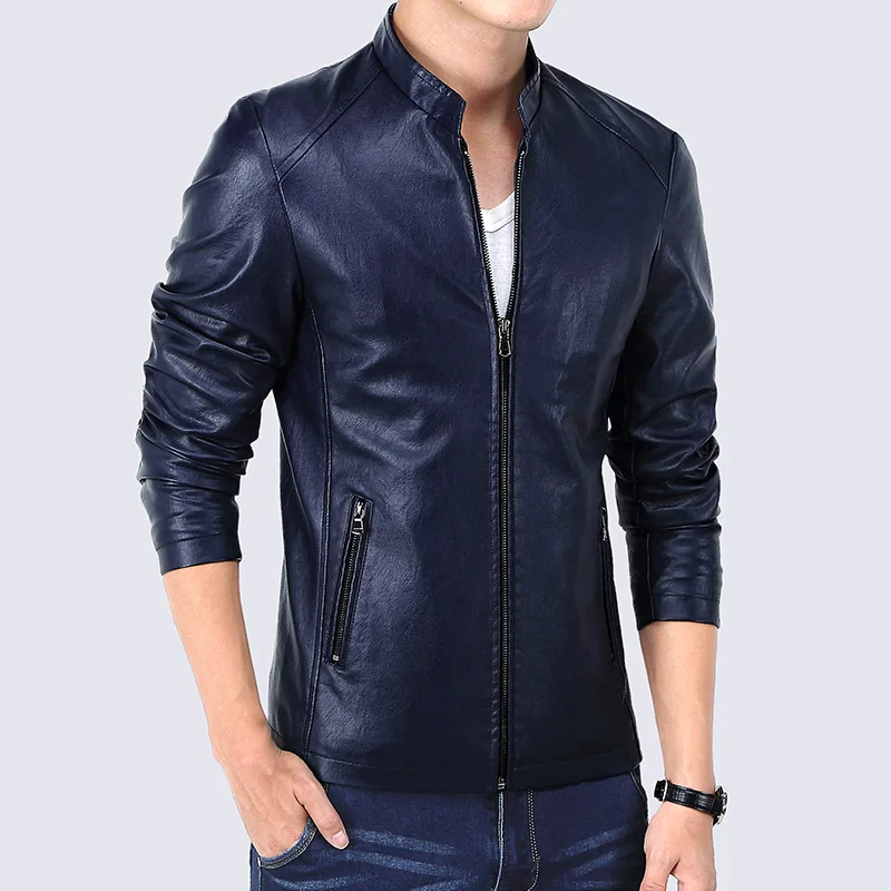 Мужская кожаная куртка черная синяя красная мотоциклетная приталенного силуэта