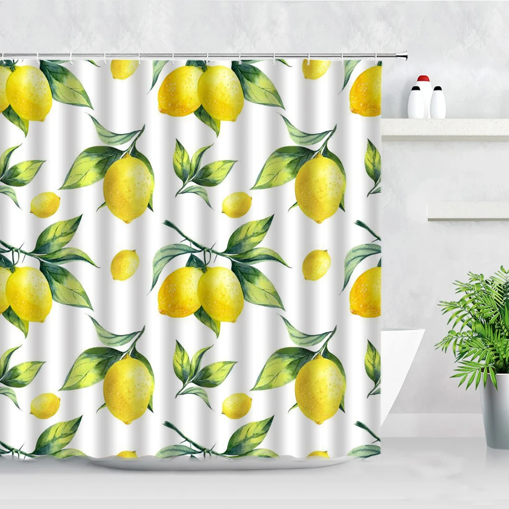 

Waterproof Shower Curtains Tropical Fruits Lemon Green Leaves Modern Home Bathroom Decor Bath Screens Hanging Curtain With Hooks