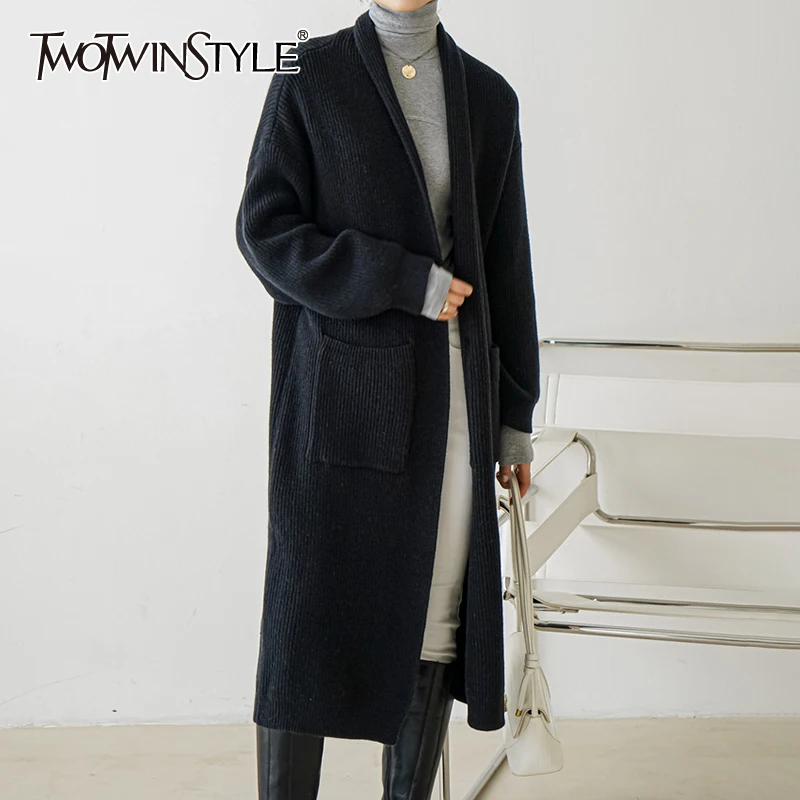 

TWOTWINSTYLE Casual Loose Solid Cardigan Female V Neck Long Sleeve Oversized Knitting Coat For Women Korean Fashion Clothing New