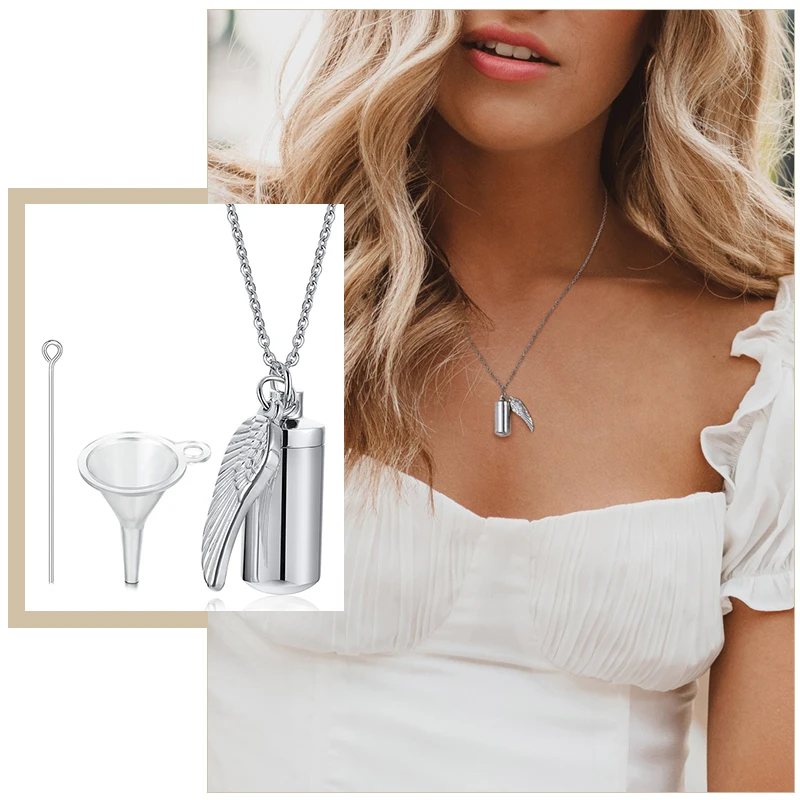 

Casual Cylinder Angel Wing Cremation Ashes Urn Necklace for Women Jewelry,Stainless Steel Remembrance Memorial Keepsake Gift