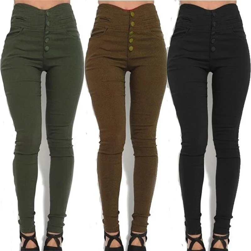 

Модные женские узкие Стрейчевые брюки-карандаш с высокой талией, облегающие брюки, стильные женские длинные брюки черного/армейского зелен...