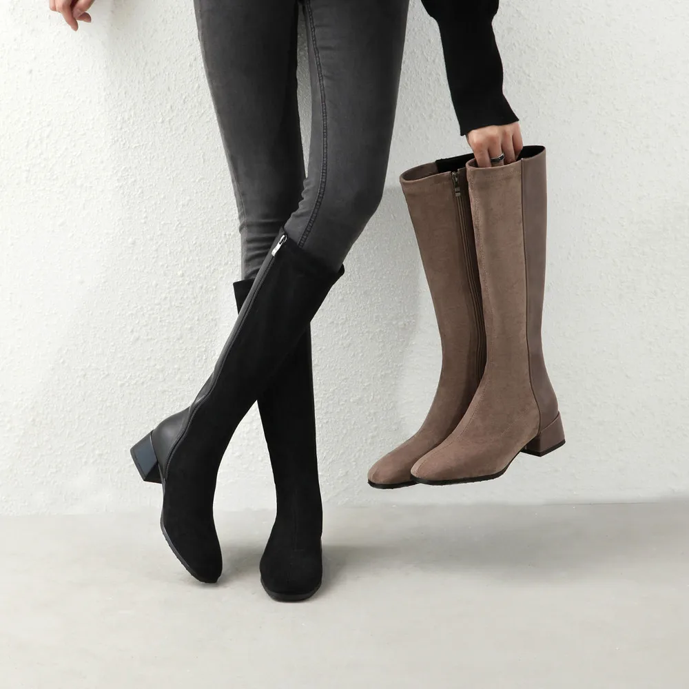 

2023Autumn Winter New Fashion Women Knee High Boots Suede Square Toe Boots Thick Heel Shoes Female Zip Boots Bota Feminina 31-43