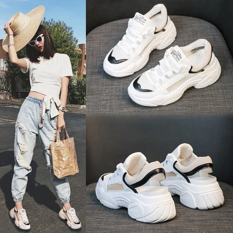 Новинка 2019 года модные летние черные и белые сандалии женские кожаные кроссовки