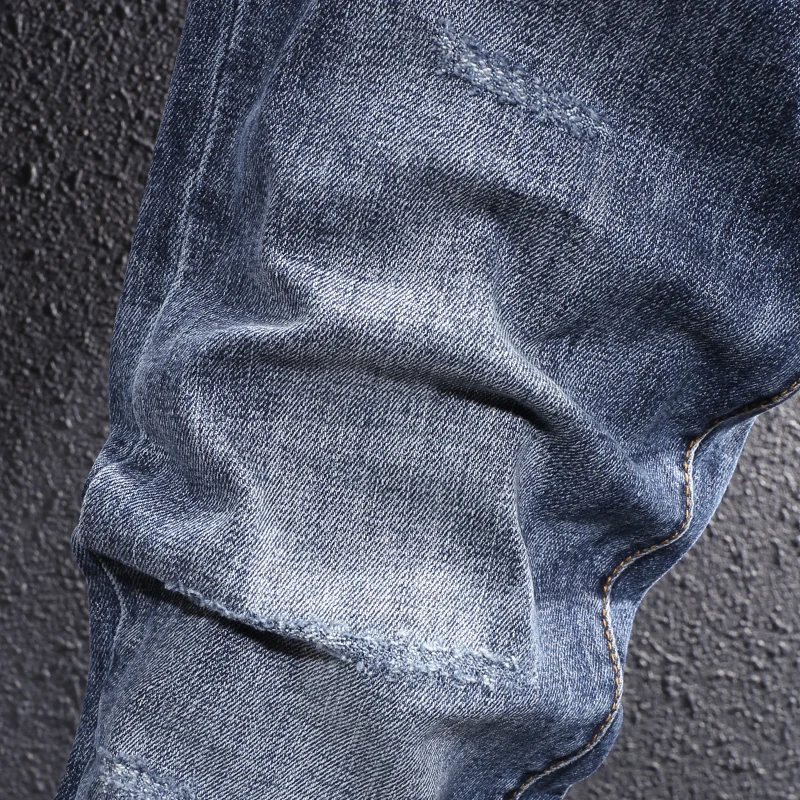 Newly Designer Fashion Men Jeans High Quality Retro Blue Elastic Slim Ripped Jeans Men Korean Style Vintage Casual Denim Pants
