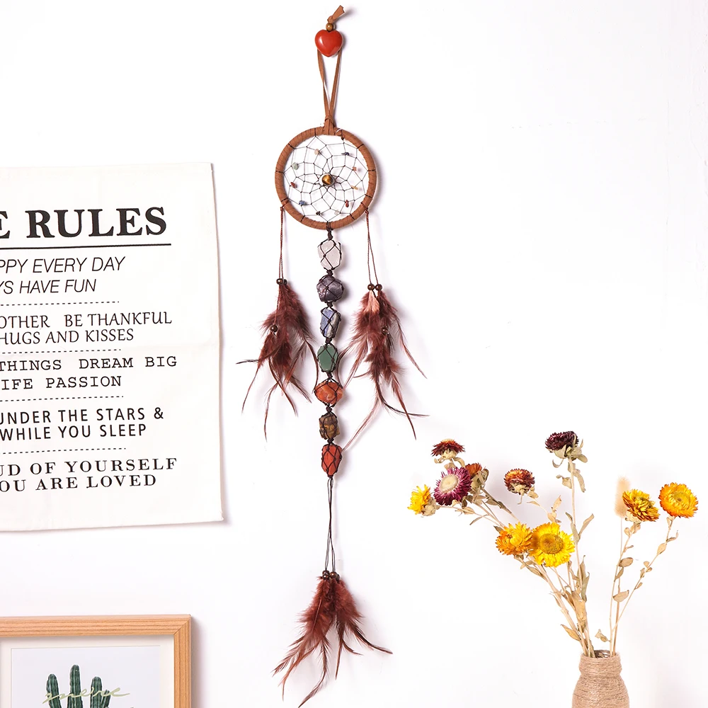 

Hand-woven Dream Catcher Hanging Feather Ornament Natural Round Tiger Eye 7 Chakra Amethyst Aventurine Gravel Gemstone Pendant