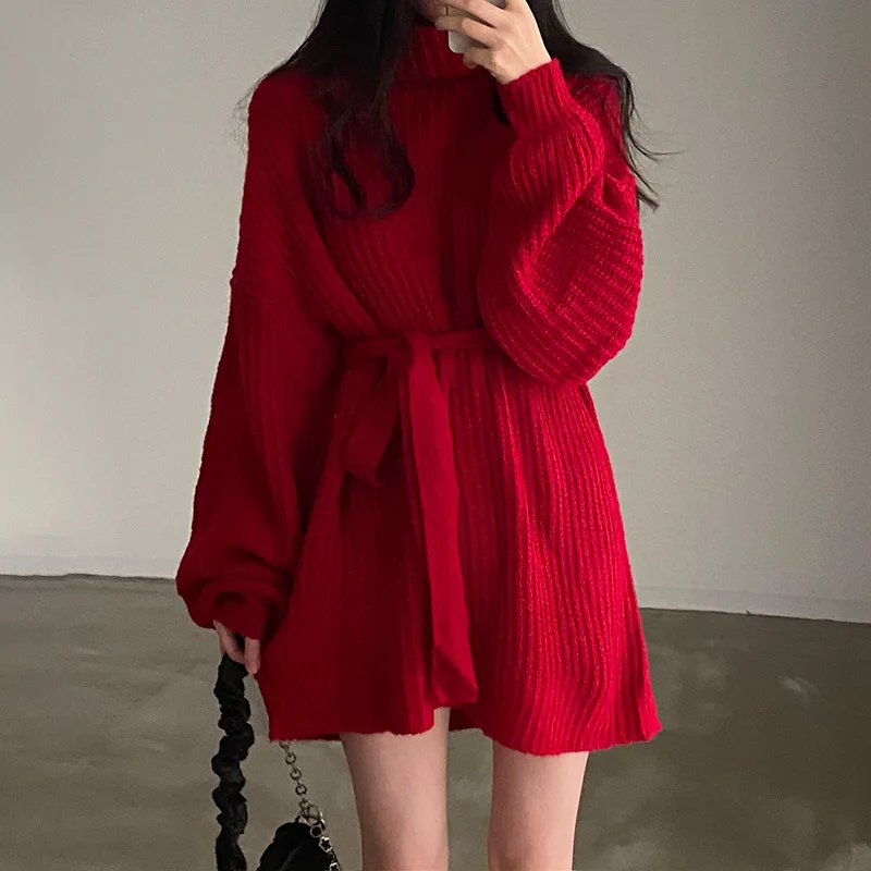 

2023 Winter Christmas Women's New Style Lace-up Waist Wool Knit Turtleneck Dress Temperament Fashion Loose Sweater Dress White