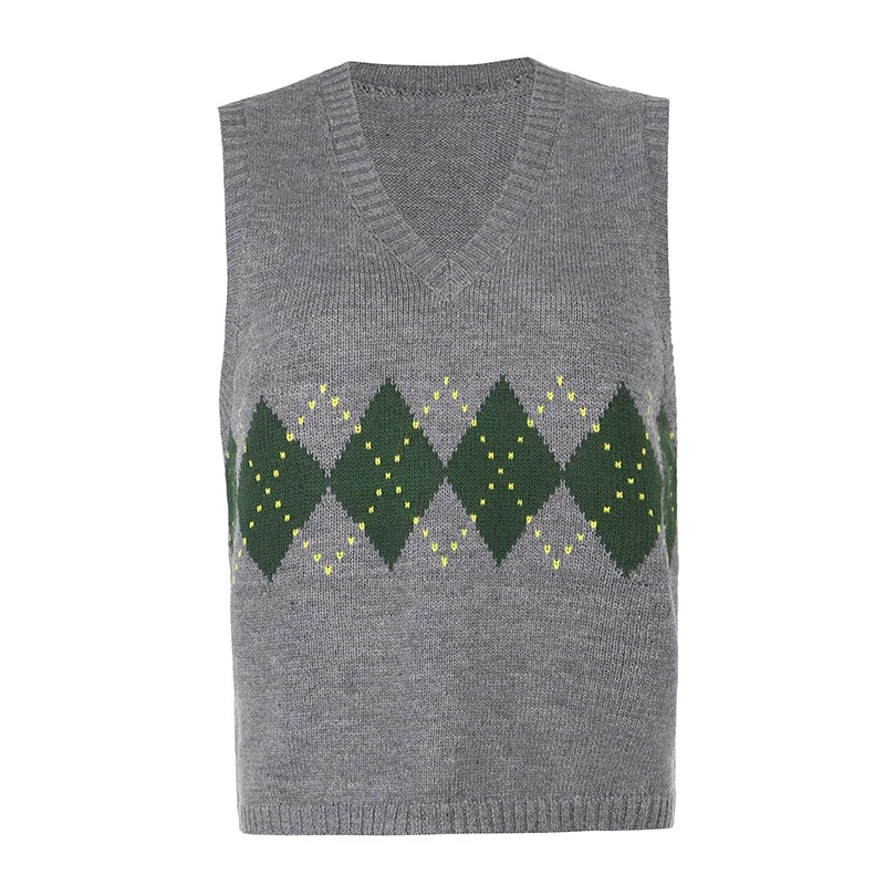 

Chic V-neck Slim Knit Women's Vest Sweater Sleeveless Argyle Preppy Style Vests For Women 2021 Fashion Ladies Sweaters Y2k