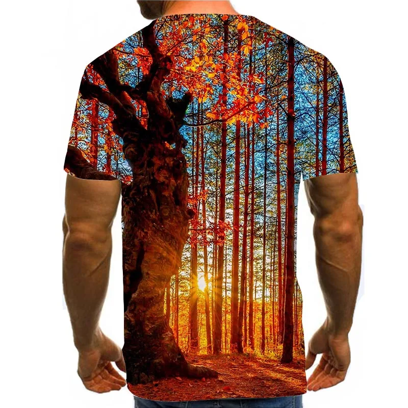 

Men Graphic T Shirts Round Neck 3D Print Short Sleeve Daily Tops Orange Forest Tree Tees