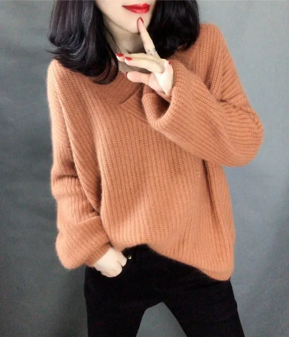 

Autumn Winter New Pullover Loose Knitting Lantern Sleeve Sweater For Women V Neck Sexy WInter Clothes