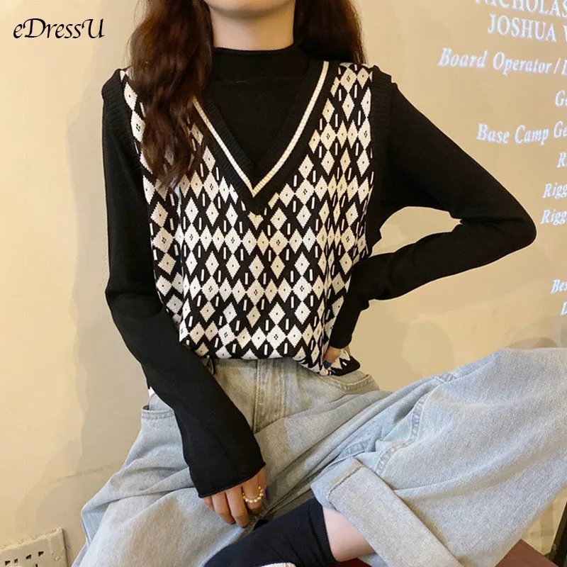 

eDressU Sweater Vest Argyle Woman Knitted Waistcoat Loose Spring Autumn Sleeveless Jumper V-Neck Casual Office Lady Tops YS-1