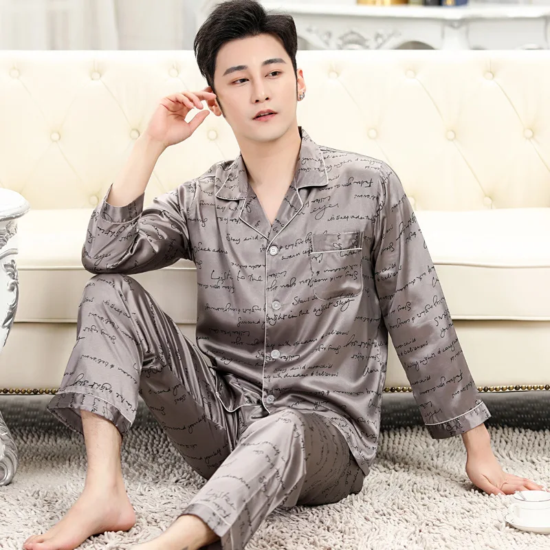 Summer Sleepwear Men's Pajama Man Set Lmitation Silk Pajamas For Men Cozy Soft Long Sleeve Nightgown Male Pyjamas Home Clothes