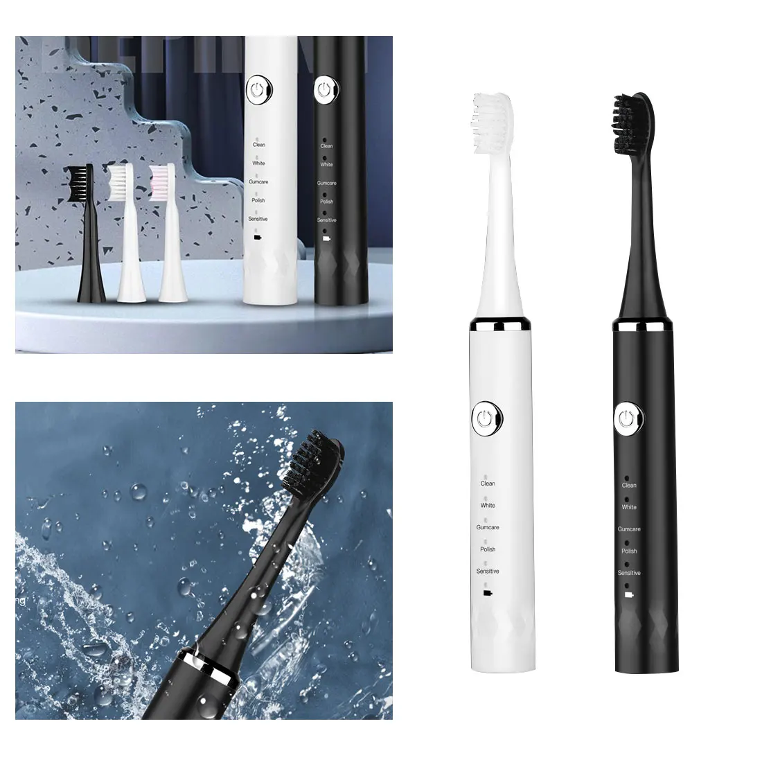 

Электрическая зубная щетка Sonic, для взрослых с таймером водонепроницаемая, перезаряжаемая, со сменными насадками