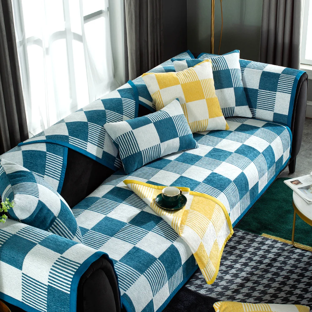 

Blue White Plaid Sofa Towel Simplicity Cotton Linen Sofa Set Modern Geometric Sofa Cover Non-slip Cushion Pillowcase Slipcover 2