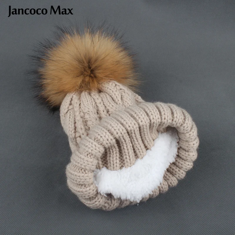 Jancoco Max детская шапка с помпоном из натурального меха енота зимние теплые детские
