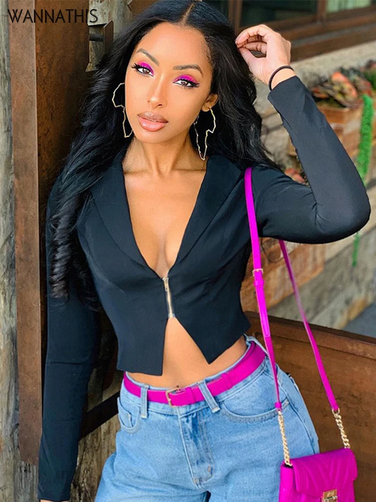 

WannaThis Chain Crop Top Turn Down Collar Sexy Long Sleeve Skinny Autumn 2022 Streetwear Office Lady Black Fashion New Year Tees
