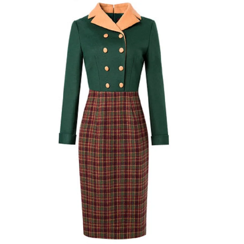 

two New Fashion Fake piece wool plaid dresses women's long sleeve Winter Autumn dress slim split stitching retro patchwork skirt