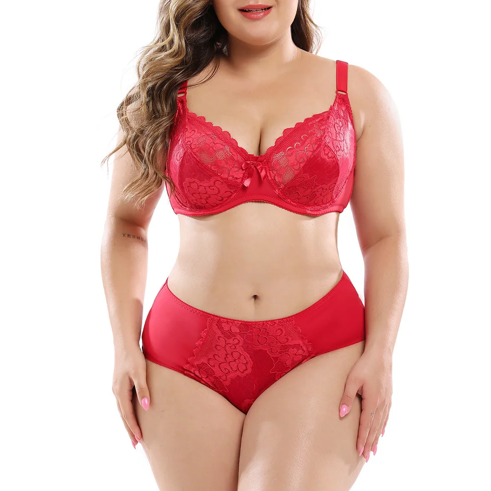 

New Plus Size Women's Sexy Bra And Panty Set Lace Cozy Underpants Lingerie Set Underwire Bralette Female Large Underwear Set BH