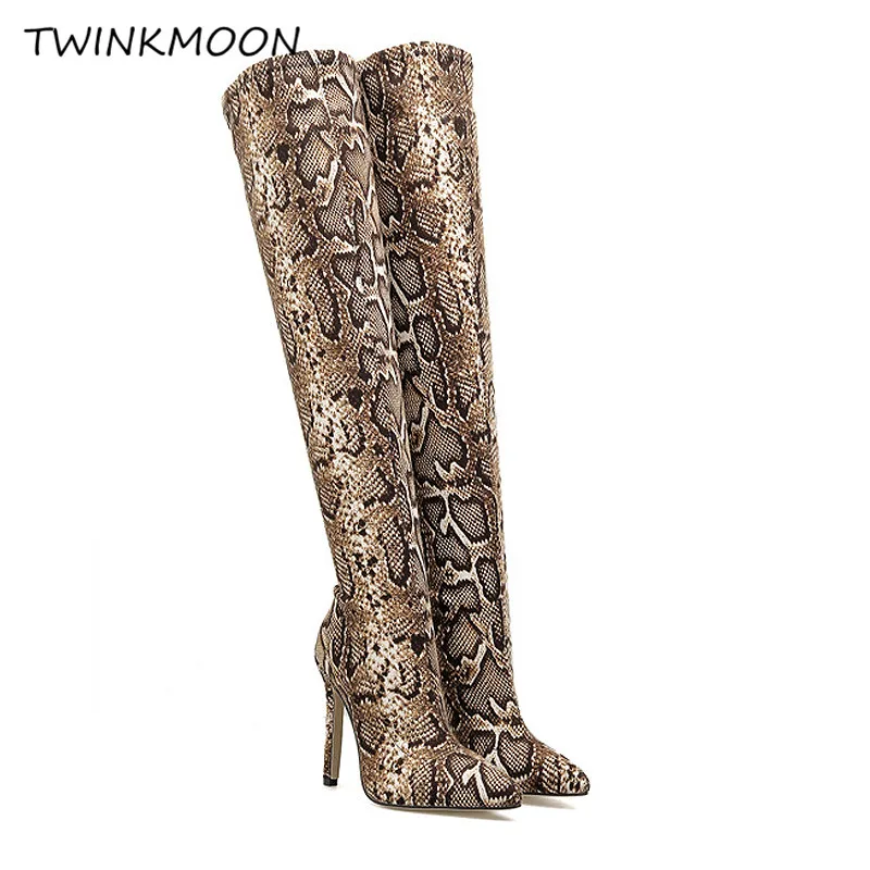 

Женские высокие сапоги выше колена, сапоги на высоком каблуке со змеиным принтом, привлекательные облегающие сапоги стрейч, женские сапоги