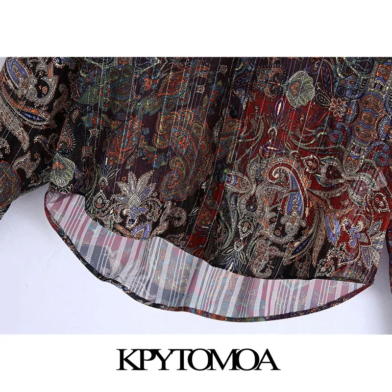 

KPYTOMOA Women 2020 Fashion Semi-sheer Metallic Thread Printed Velvet Blouses Vintage Long Sleeve Studs Female Shirts Chic Tops