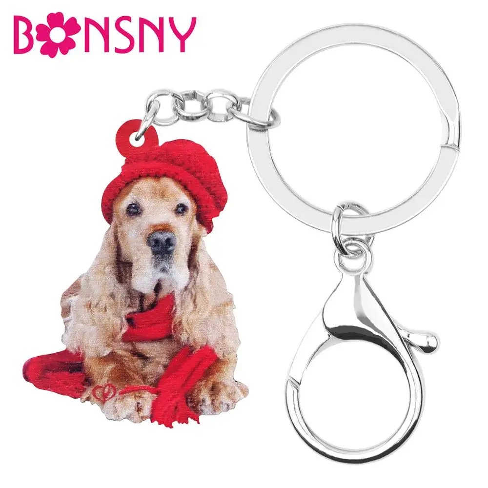 Bonsny Acrylic Christmas Hat Cocker Spaniel Dog Key chains Rings Bag Car Wallet Decorations Keychains For Women Girls Gift | Украшения и