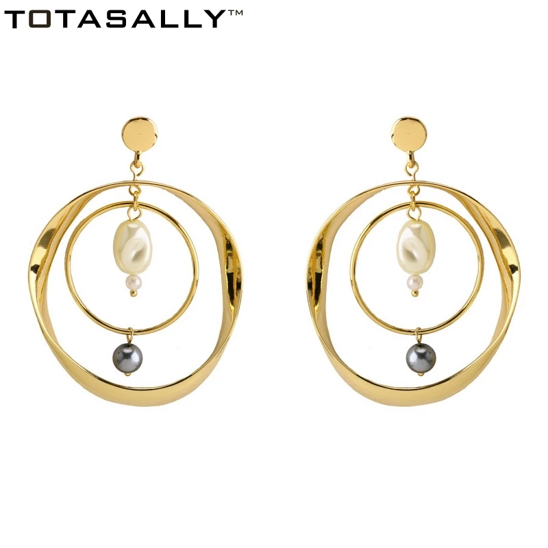 

TOTASALLY vintage designed golden geometric circles imitation pearl dangle Earrings Women's party show Maxi drop Earrings