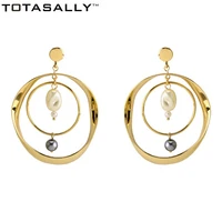 totasally vintage designed golden geometric circles imitation pearl dangle earrings womens party show maxi drop earrings