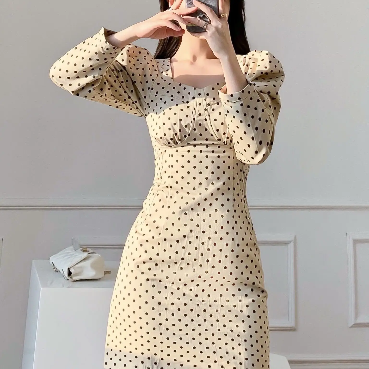 

Новинка Осень-зима 2021, милое французское ретро платье в горошек, с квадратным вырезом, трапециевидная юбка в стиле Хепберн, XL