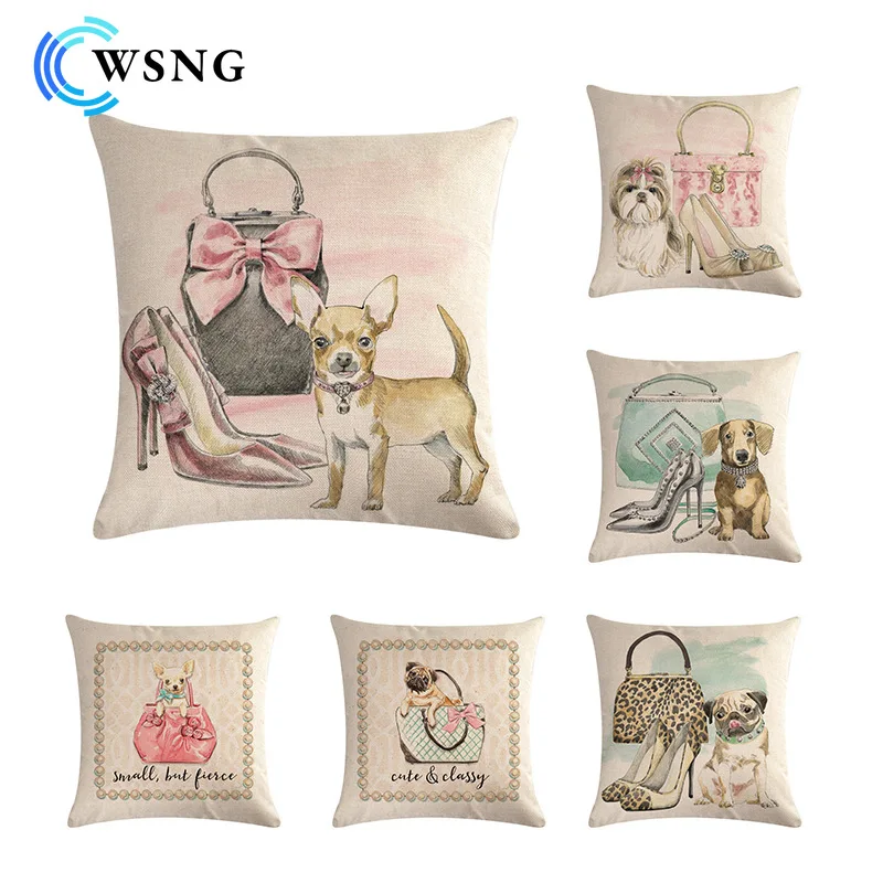 

Funny Dog Makeup Bag High Heels Linen Pillowcase Living Room Bedroom Sofa Decorative Pillowcase Car Seat Cushion Cover 45*45cm