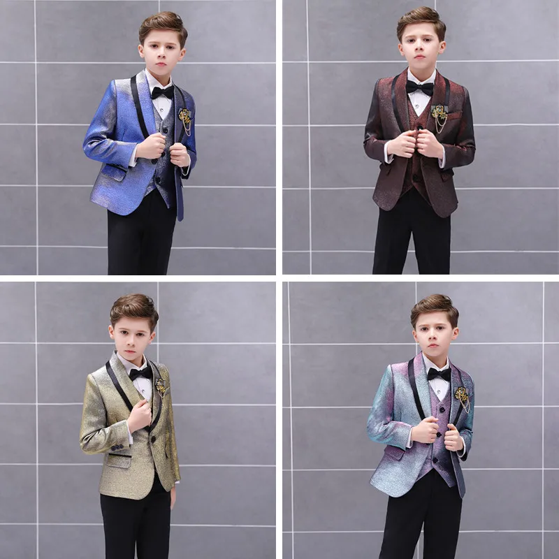 Boy suit three-piece flower boy dress British host model walk show handsome piano performance suit
