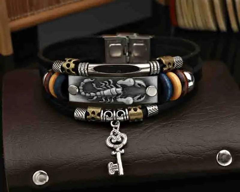 Многослойные мужские браслеты в стиле ретро с скорпионами кожаный браслет