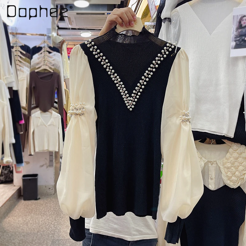

2021 Autumn Clothes New Korean Fashion Slim Chic Fake Two-Piece Heavy Rhinestone Knitted Stitching Shirt Elegant Blouse Women