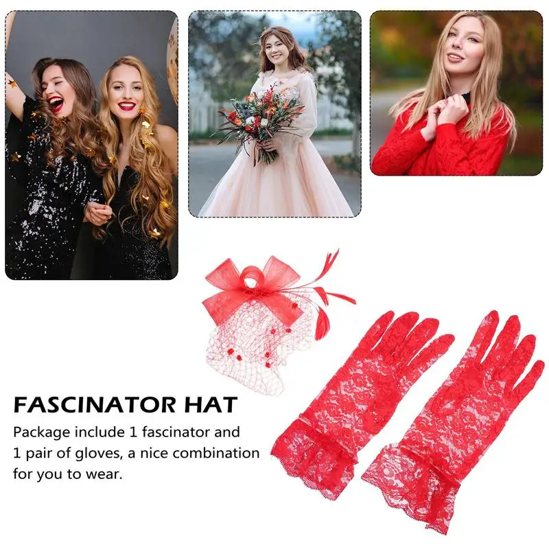 

Bowknot Feathers Fascinator Mesh Veil Hat and Short Floral Lace Gloves Set