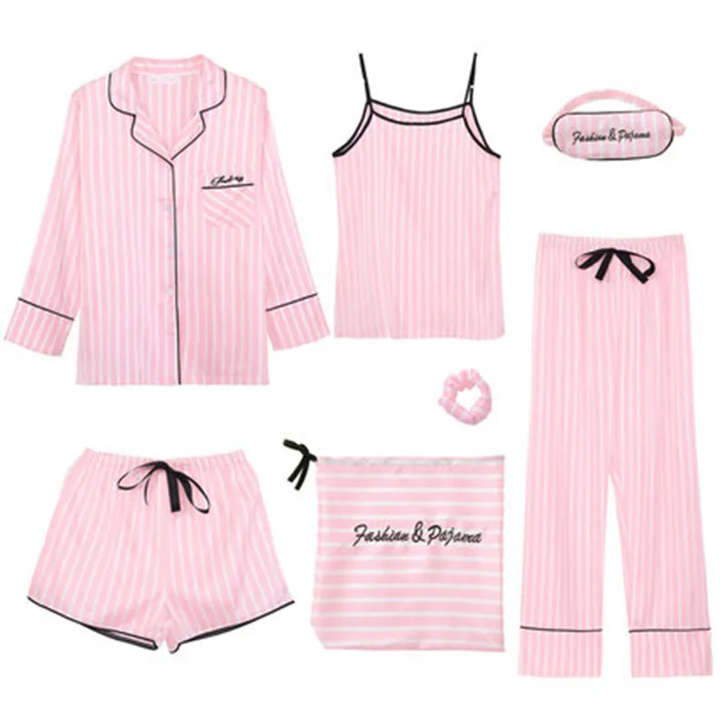 2020 Band Pink Women's 7 Pieces Pajamas Sets Emulation Silk Striped Pyjama Women Sleepwear Sets Spring Summer Autumn Homewear
