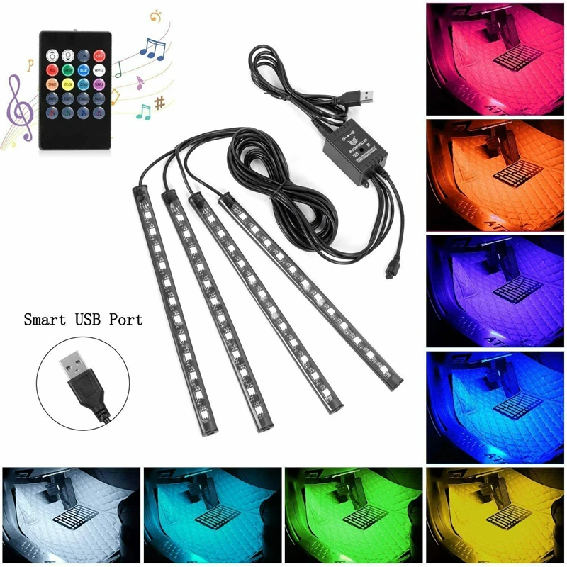

Светодиодная лента RGB для украшения салона автомобиля, лампа с USB-зарядкой и дистанционным управлением, 4 светодиодный т.
