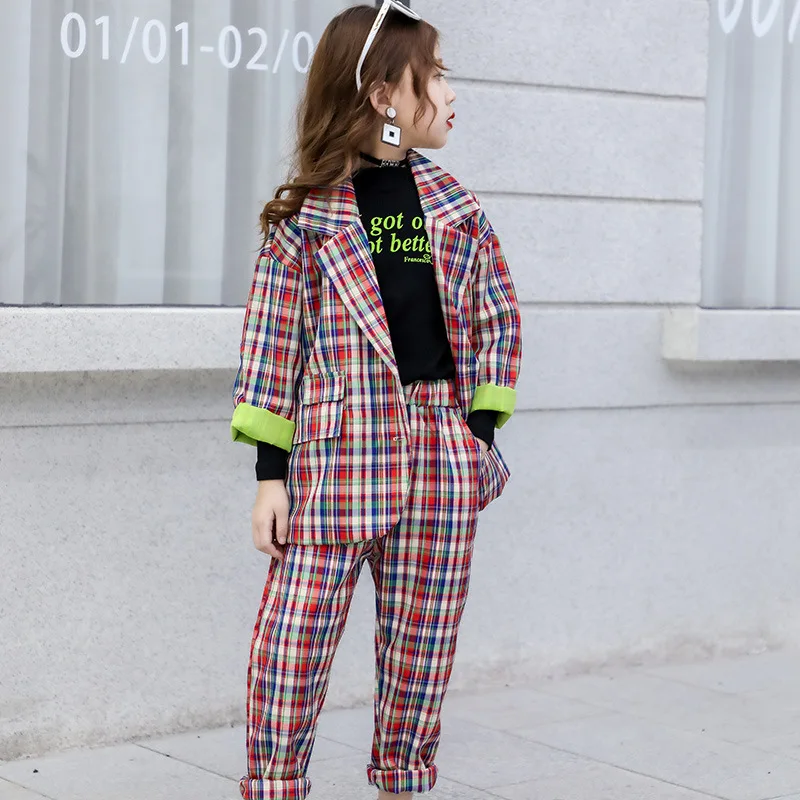 Спортивный костюм для девочек подростков клетчатая куртка и штаны комплект