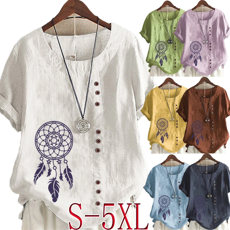 

Summer Casual Dreamcatcher Print Loose T-shirts Vintage Cotton and Linen O-Neck Plus Size Short Sleeve Blouse Tops For Women