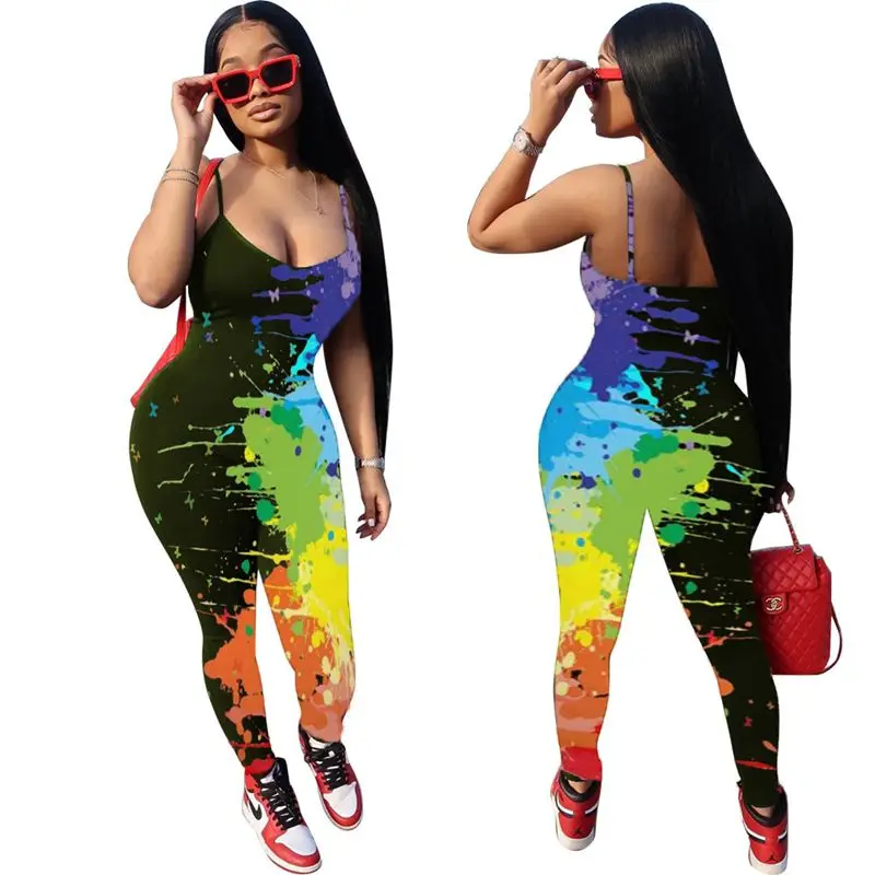 

ZKYZWX Graffiti Print Spaghetti Strap Jumpsuit Women Fall One Piece Body Sexy Club Outfits Sleeveless Bodycon Rompers Overalls