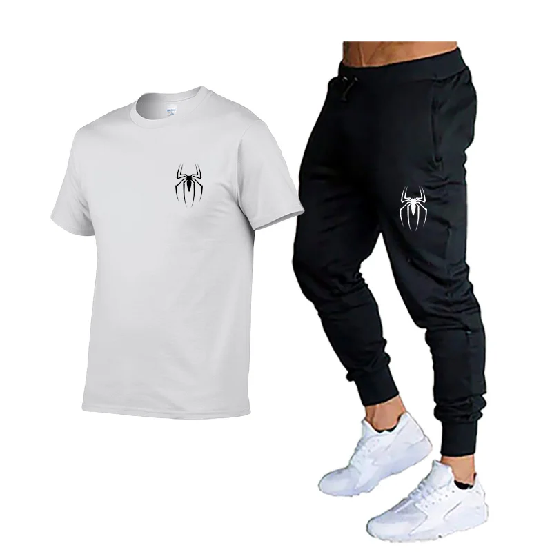 

2021 hot brand men's T-shirt and pants two-piece suit, men's sports pants, sports T-shirt, fashion spider print, hip-hop suit