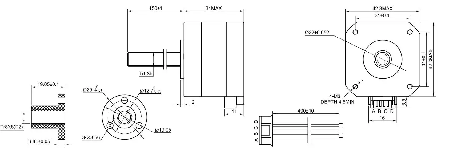 Tr8x8 Nema17 внешний линейный шаговый двигатель Нема 17(Национальная ассоциация владельцев электротехнических предприятий) линейный привод 0.4A 4-свинец с ходового винта 150 мм для 3D-принтеры