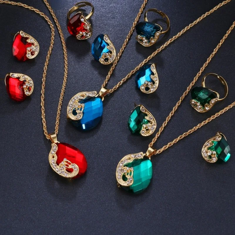 

AMC Trendy Water Drop Wedding Necklace Earring and Ring Set Bridal Wedding Party Dinner Accessories Jewelry Set Gifts for Women