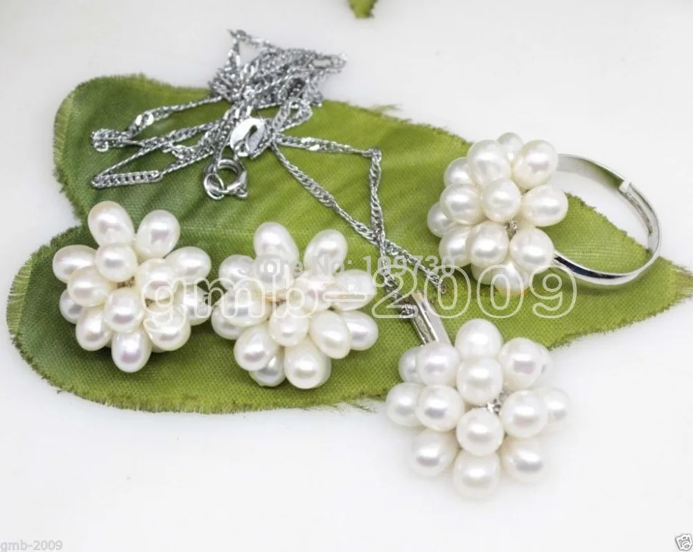 Jewelry 00823 Fashion Natural White Rice Freshwater Pearl Cluster Earrings Necklace Ring Set (A0423) | Украшения и аксессуары