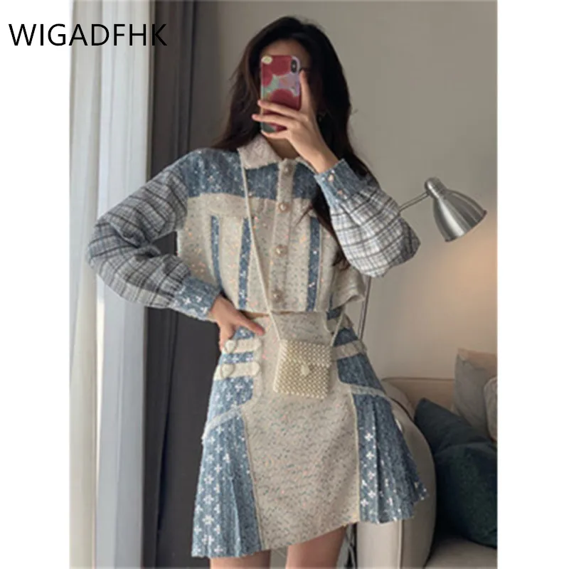 

Женский небольшой очаровательный стильный костюм, модный однобортный короткий жакет, трапециевидная юбка, комплекты из двух предметов, осе...