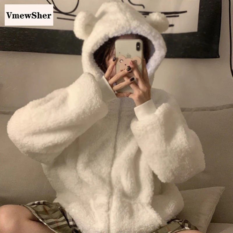 

VmewSher осень-зима пальто с искусственным мехом; Женская Повседневная теплая мягкая; На молнии; С отделкой из меха; Куртка с плюшевой подкладко...