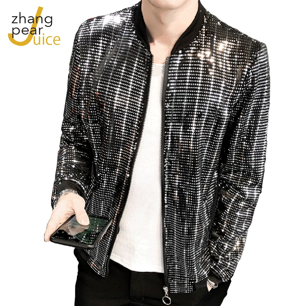 

New Sequined Jacket Men Shiny Long Sleeve Glitter Zipper Coat Hip Hop Slim Night Club Stage Streetwear Coats