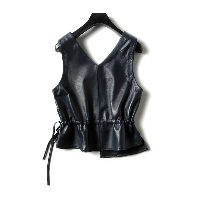 

2021 New Sexy Leather Vest Women Coat V Neck A Line Slim Party Club Elegant Jacket Sleeveless Feminino