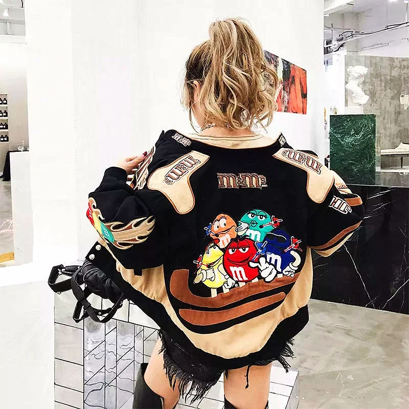 

Winter Autumn Runway Jacket Women Baseball Cotton Liner Cartoon Embroidery Short Coats Spliced Geek Street Coats Tops NZ114