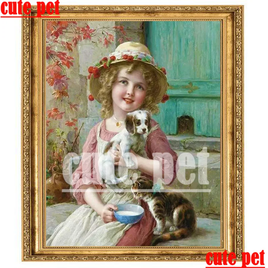 Алмазная мозаика сделай сам маленькая девочка кот и собака алмазная живопись
